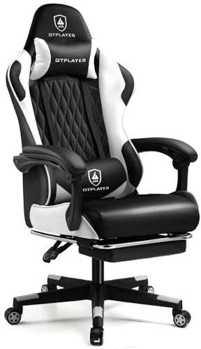 GTPLAYER Chaise Gaming, Fauteuil Gamer Hauteur Réglable, Chaise de Gaming avec Repose-Pied Télescopique, Gaming Chair Ergonomique avec Appui-tête et Support Lombaire, Blanc