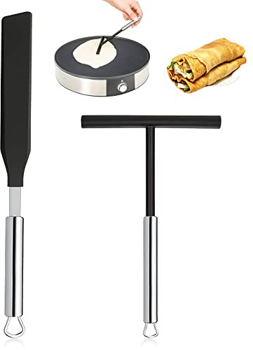 Crepe Spreader and Spatula Crepe Spatula Set Stainless Steel Crepe Tools Spreaders Spatula T- Shaped Batter Spreaders and Spatula Set