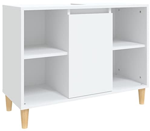 vidaXL Meuble d'Évier, Armoire de Lavabo avec 5 Compartiments et Porte, Meuble sous Lavabo avec Pieds Salle de Bain, Scandinave, Blanc Bois d'Ingénierie