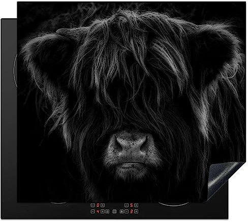 KitchenYeah© Induction Hob Protector Mat 20.5x23.2 / 59x52 cm Stove Cap Top Cover Kitchen Cooker Covers for Electric Hobs Vinyl Scottish Highlander - Cow - Black - White - Animals
