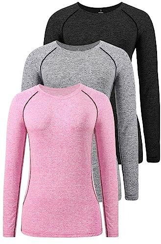Star Vibe 3 Pack Dry Fit Long Sleeve Tshirt for Women Moisture Wicking Long Sleeve Tee Outdoor Compression Running Workout Tops Black/Grey/Pink L