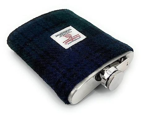 TARTAN TWEEDS Harris Tweed 8oz Hip Flask Stainless Steel Boxed (Black Watch)