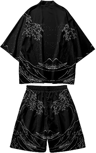 DOSLAVIDA Ensemble kimono de style japonais léger ouvert sur le devant pour homme - Tenue de plage d'été deux pièces, Short - Noir 15, Medium