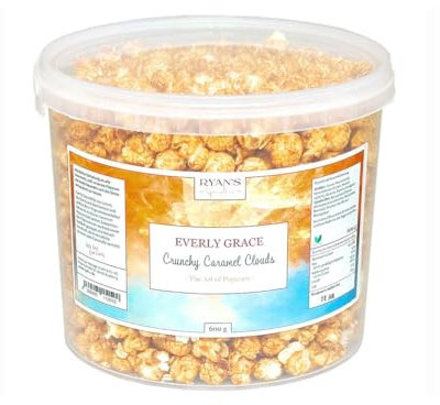 Everly Grace Popcorn – Crunchy Caramel Clouds, 600 g – Popcorn-Eimer mit süßem Karamell und Bourbon-Vanille, handgemacht in Deutschland