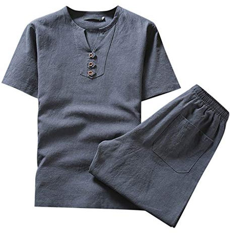 AMhomely 2-teiliges lässiges Leinen-Outfit für Herren, Loungewear-Set, chinesischer Stil, Sommer, lässig, einfarbig, kurzärmelig, T-Shirt, Hose, Anzug, Übergröße, lässiger Pyjama-Set, 01 Grau, XL