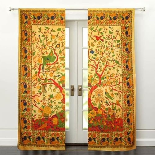ALOFCART Mandala-Wandbehang, Vorhänge, 1 Paar, indischer Hippie-Vogel, Wandteppich, Raumvorhänge (Gelb, Queen-Size-Größe 228,6 x 215,9 cm)