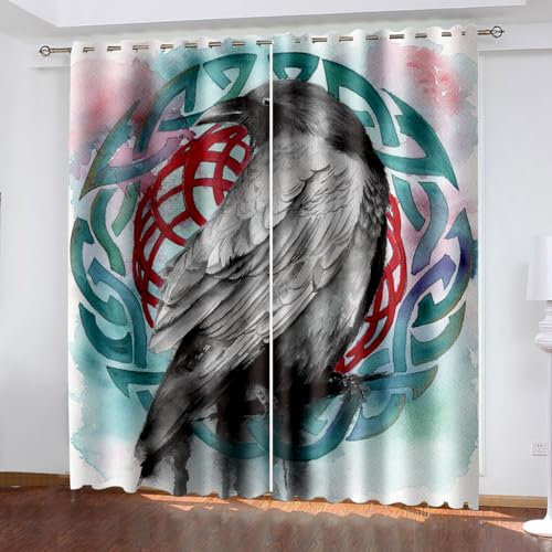 WIKINGER Gardinen ösenschal 2er Set B 220 X H 215 cm 3D Rabe Vorhang Blickdicht Kälteschutz Schallschutz Verdunkelung Wärmeisolierende Vorhänge für Wohnzimmer Schlafzimmer