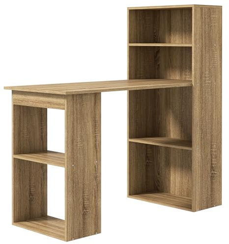 HOMCOM Bureau Informatique, Bureau avec Rangement, 6 Compartiments Ouverts, Table d'ordinateur pour Chambre, Studio, 120 x 55 x 120 cm, chêne
