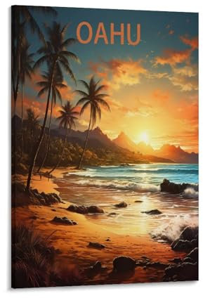 Hawaii Oahu Sonnenuntergang, Vintage-Reiseposter, Landschaft, 20 x 30 cm, Leinwand, Wandkunst, Poster für Wohnzimmer, Dekoration, Gemälde für Heimdekoration