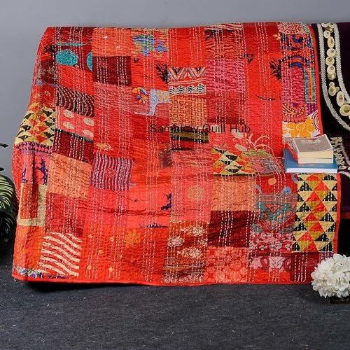 Sambhav Quilt Hub Handgefertigte Vintage-Sari-Patchwork-Kantha-Steppdecke, Vintage-Stil, dekorative Tagesdecke, Quilten, Hippie-Steppdecke, King-Size-Bett, Überwurf, Decke, Rot, 152,4 x 228,9 cm