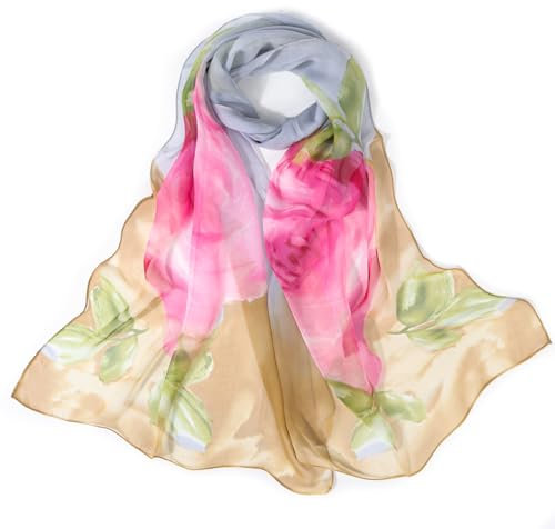 Lamca Foulard en mousseline de soie à imprimé floral pour femme, Rose-gris, taille unique