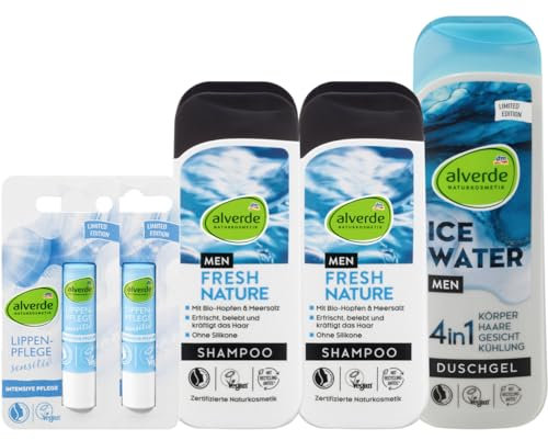Alverde NATURKOSMETIK 5er-Set Körperpflege: Lippenpflegestift SENSITIVE (2 x 4,8 g) + Shampoo MEN Fresh Nature belebt & kräftigt das Haar (2 x 200 ml) + Duschgel MEN Ice Water 4 in 1 (250 ml), 650 ml