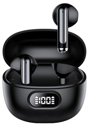 QCOQ Cuffie Bluetooth, Auricolari Bluetooth 5.3 con 4 HD Mic Stereo, 40 Ore Cuffie Wireless Hi-Fi con display LED, Cuffiette Wireless IP7 Impermeabili, Cuffie Senza Fili Per Android/iOS,Touch Control