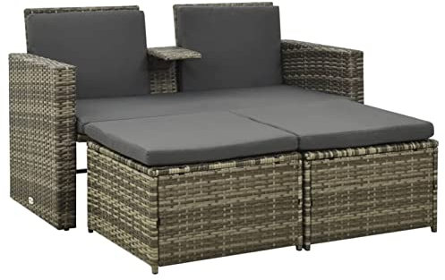 Homgoday Gartensofa 2-Sitzer mit Auflagen Lounge Garten Sofa mit Fußhocker Balkonmöbel Rattan Balkonsofa Balkon Sitzgruppe Rattansofa Gartenmöbel Poly Rattan Grau