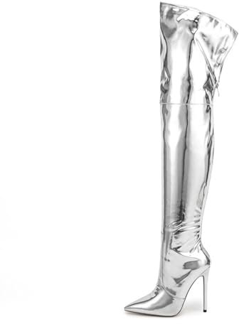 BAIRUNDA Stivali sopra Il Ginocchio da Donna, Stivali Alti Argento di Grandi Dimensioni Tacchi A Spillo Stivali Lunghi con Cerniera Posteriore A Punta, 12 Cm/4,72 Pollici, 42 EU,Silver