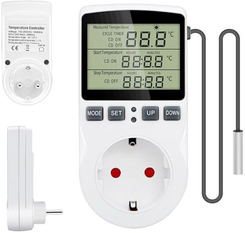 KBIBCK Enchufe de Termostato de Refrigeración de Calefacción, 220 V 16 A Enchufe de Controlador de Temperatura, Termostato de Enchufe, Enchufe de Control de Temperatura para Incubadora Invernadero
