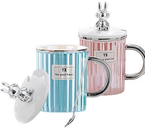 Roontin Ceramic Mug with Lid – 2PCS 350ml Coffee Mug Set, Cute Rabbit Porcelain Tea Cups with Spoons, Anniversary Engagement Gifts for Couple, Couple Gift for Him and Her