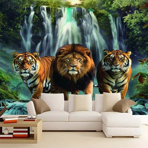 Papier Peint Panoramique 3D Art Abstrait Animal Tigre Cascade Papier Peint Intissé Tapisserie Poster Mural Vert pour Salon Chambre Décoration Murale 400x280cm