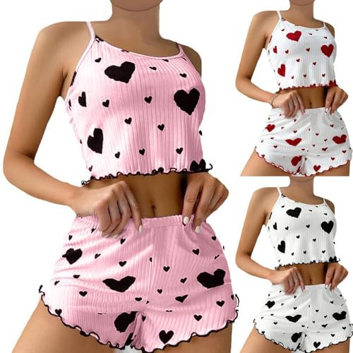 Générique Ensembles de Pyjama Femme Sexy Vêtements de Maison Lingerie 2 Pièces Short et Caraco Costume Nuisette Set Vêtement De Nuit Classique Sleepwear Ensembles Pas Cher, Rose, S