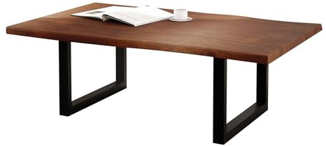 Liadomo Couchtisch 120x75 Boston Nuss, mit Baumkante, Akazie Massivholz Tisch, 26mm Tischplatte lackiert, Robust & Pflegeleicht, Unikat, U-Gestell Metall schwarz
