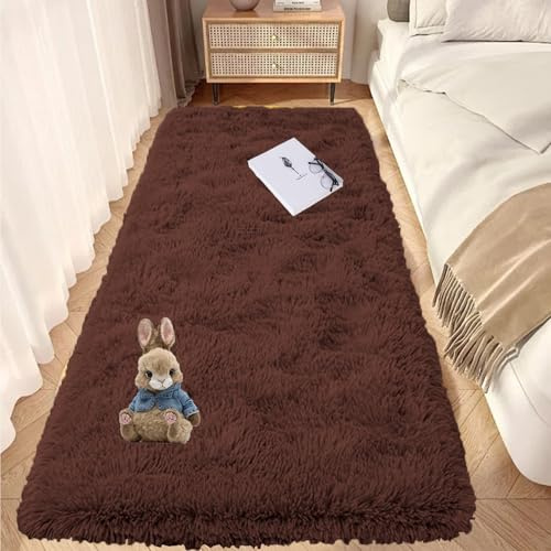 GOUTUI Hochflor Teppich Wohnzimmer 90 x 200 cm Flauschig Felloptik Komfortabler Hochflor Teppich Pflegeleicht Und Einfarbig Für Schlafzimmer Kinderzimmer Wohnzimmer, Braun