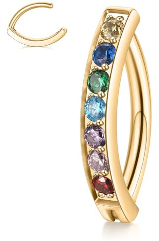 Gold Belly Barbell Piercing mit Mix Farbe CZ Belly Schmuck Navel Clicker Ring 14G Belly Clicker Ring Surgical Steel Belly Button Ring Rivet Reverse Curved Navel Barbell Reverse Navel Ringe 10mm