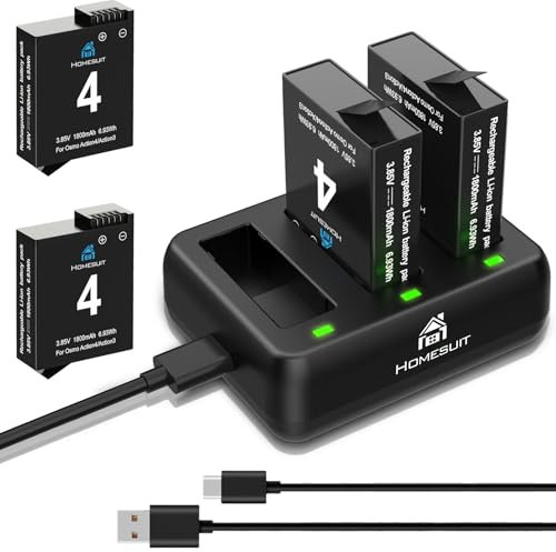 Homesuit Osmo Action 4 3 Akku 1800mAh und DREI Schlitze LED Ladegerät Kit für DJI Osmo Action 4 / DJI Osmo Action 3 Kamera (2er-Pack)