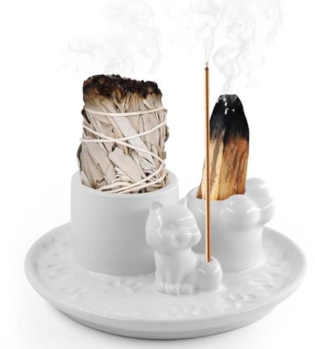 NVGVUP 4 en 1 Porte-encens, Bol d'encens Convient à Tout Encens, Palo Santo, Sauge Blanche et Bougeoir, Motif Patte de Chat Brûleur D'encens pour Méditation, Yoga
