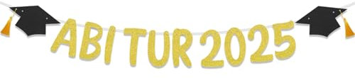 Graduation Deko Girlande Schwarz Gold,Glitzer ABI 2025 Bachelor Deko,Abschluss Deko Banner mit Quaste Absolventenhut Motiv,Abschluss Girlanden für Bachelor Geschenk und Congrats Prüfung Bestanden Deko