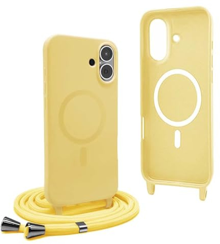 YFSYLL Funda Magnética para iPhone 16 con Cuerda, Compatible con MagSafe,Carcasa Silicona Case,Carga Inalámbrica,con Correa Colgante Ajustable Collar Cordón - Amarillo