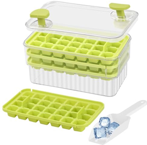 Culinavog Ice Cube Tray, 1 Piece Plastic Small Mold for Freezer, Mini Ice Cube Mold with Lid, Easy to Clean, Multifunctional Tray with Scoop for Coffee, Whiskey, Cocktail (21 × 12.5 × 11.5 cm, Green)