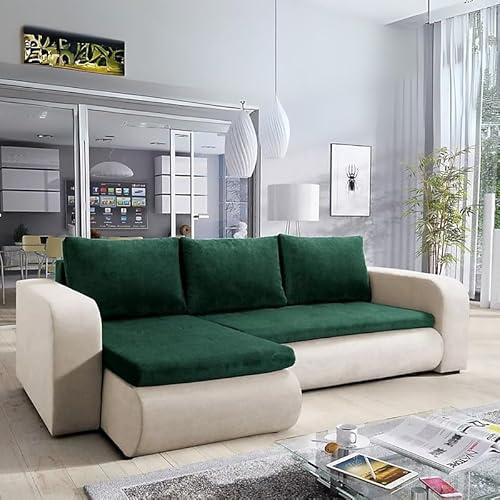 Agritrade AK L-Shaped Corner Sofa Bed with Storage Reversible Side Pull Out Sleep Function Beige and Green - BROOKLYN