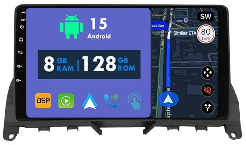 RoverOne 8G+128G CarPlay Stereo für Mercedes Benz C Class 3 W204 S204 2006-2011 mit Android Auto Radio GPS Navi Bluetooth RDS WiFi Touchscreen Head Unit Multimedia Player