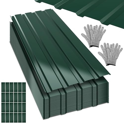 Peviasot Trapezblech 24 Stück, 129 x 46 cm, ca. 14 m², 0,25 mm, Grün | Profilblech aus verzinktem Stahl, Dachplatten für Gartenhaus, Carport, Schuppen, inkl. Schnittschutzhandschuhe