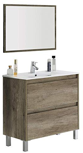 Abitti Mueble de Baño Zenda Estilo Natural en Color Roble Nordik con Espejo y 2 Cajones 80x80x45 cm (Lavabo Cerámico)