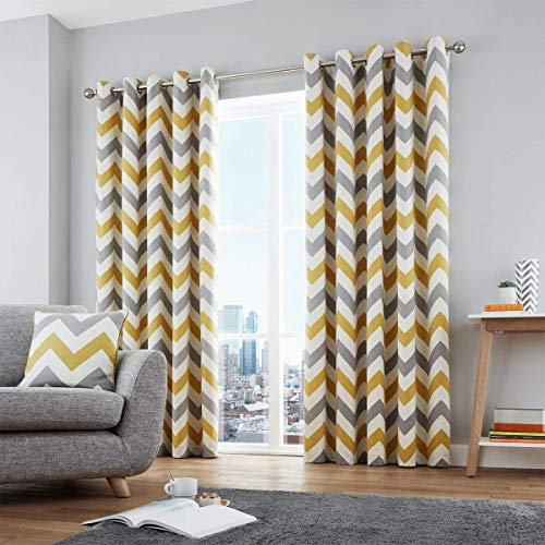 Fusion - Chevron - 100 Percent Cotton Ready - Made Pair of Eyelet Curtains in Ochre, 66 Width x 90 Drop (168 x 229 cm)