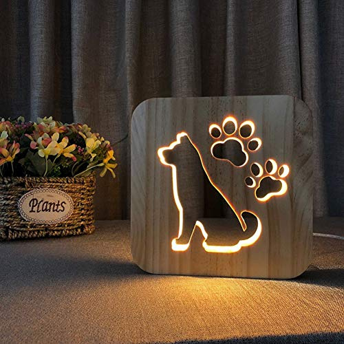 Five-Seller Kreative Holz Lampe, LED Nachtlicht / 3D Holzschnitzerei Hund Muster USB Portative Stimmung Lampe für Schlafzimmer Wohnzimmer Nachttisch (19 cm * 19 cm / 7,48 '' x 7,48 '')