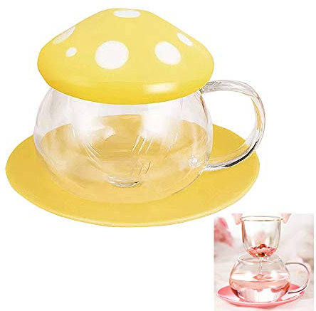 Entonic - Bonita taza de té de vidrio de hongo con infusor y cuchara, tetera Kawaii transparente con filtro colador, tapa de cerámica y posavasos, resistente al calor para uso doméstico y oficina, 290