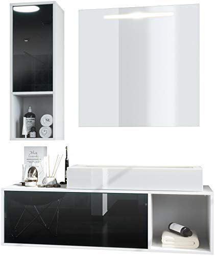 Vladon Badmöbel Komplettset La Costa, Made in Germany, Korpus in Weiß matt/Fronten in Schwarz Hochglanz, mit Aufsatzwaschbecken und LED Spiegel
