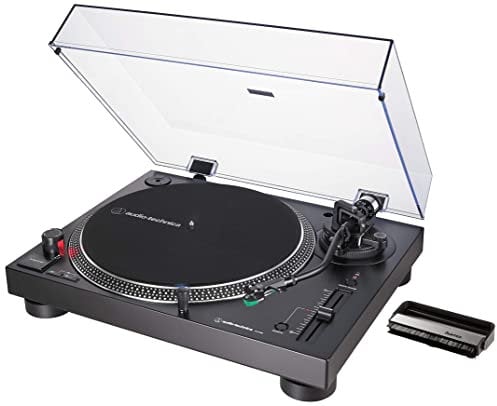 Audio-Technica AT-LP120X direktangetriebener Plattenspieler (Analog und USB) schwarz & Hama Carbon-Faserbürste für Langspielplatten (antistatisch Schallplatten reinigen, Vinylbürste), schwarz/Silber