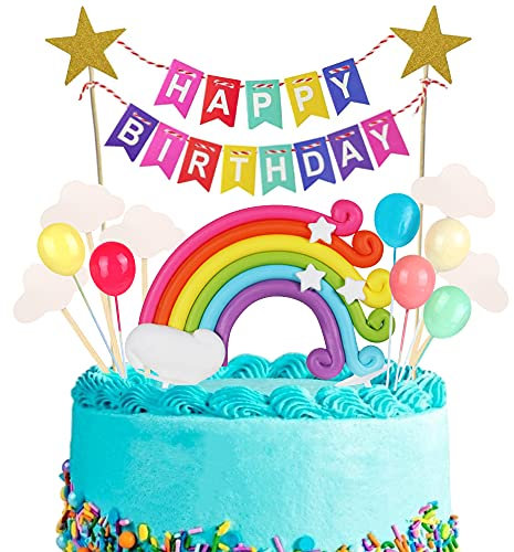 Xihuimay Kuchen Topper Happy Birthday Tortendeko Kuchendeko Kuchendeckel Geburtstag Torten Dekoration Wimpelkette Bunte Flagge Rainbow Ballon Wolke Sterne Tortenzubehör für Mädchen Junge Kinder Taufe