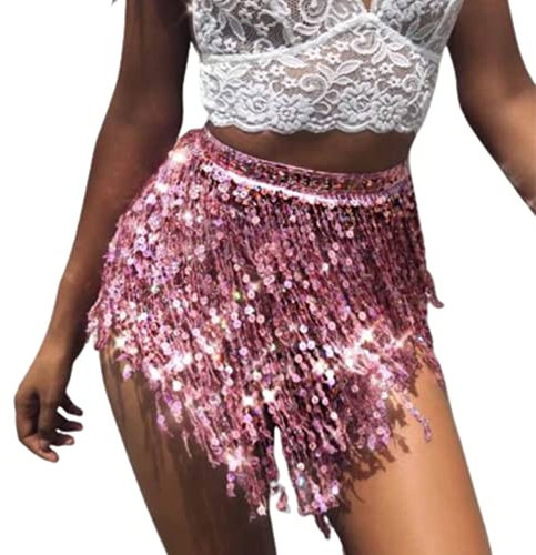 Sttiafay Bauchtanz Hüftschal Pailletten Quaste Bauchtanz Rock Kurz Fransen Wrap Festival Performance Rave Kostüm für Frauen, Rose, Einheitsgröße