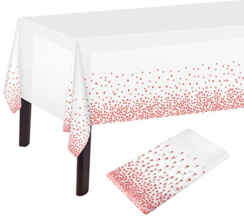 PLULON 2Pcs White Rose Gold Dot Tablecloth White and Rose Gold Table Cover 137 x 274cm Plastic Rectangle Table Cover for Rose Gold Party Birthday Table Decorations