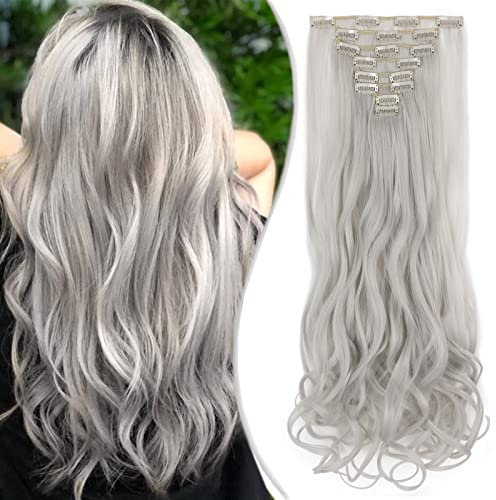 SEGO Clip in Extensions 8 Teile Set 18 Clips Haarverlängerung 60cm Haarteil Synthetische Gewellt Naturliche Silber-Grau