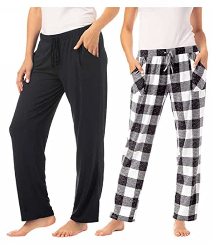 Lucky Brand Women's 2 Pack Straight Leg Lounge Pant with Drawstrings and Pockets (Simple Buffalo Plaid/Black, Medium)