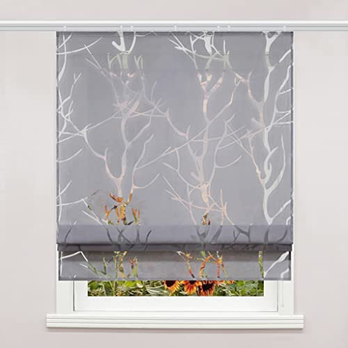 Delien Voile Raffrollo mit Klettband Transparente Ausbrenner Gardine Küche Raffgardine Kurz Rolls Vorhang »Äste« Bändchenrollo Schals Modern Fenster Gardinen BxH 120x140cm,Grau