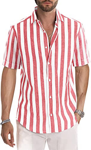 Meilicloth Men's Short Sleeve Shirts Summer Striped Casual Shirt Button Down Regular Fit Tops, Top for Long Lasting Comfort Red