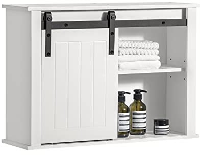SoBuy Armoire Murale Salle de Bain, Placard Toilette Suspendu, Placard de Rangement, Meuble Haut Toilettes avec 1 Porte de Grange, 68 x 20 x 48 cm, Blanc, BZR71-W