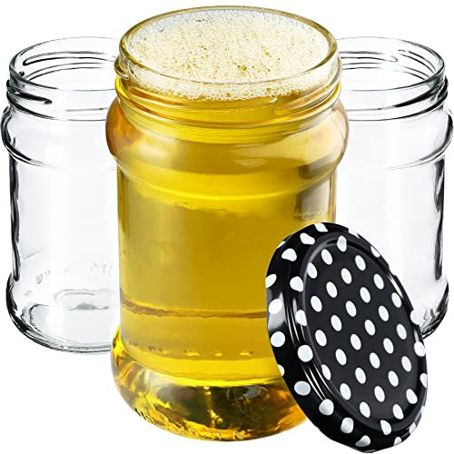 KADAX 20st Einmachgläser 315 ml mit fi66 mm Schraubdeckel für Honig, Dessert, Marmeladen | Luftdichte Gläschen, Einmachglas, Rundgläser, Konfitürengläser, Honiggläser (20 Stück, Schwarz gepunktet)