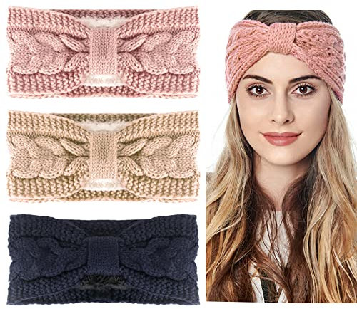AYNKH 3Pcs Winter gestricktes Stirnband, elastischer klobiger verdickter gehäkelter Haarband Ohrwärmer für Frauen Outdoor Sport Skifahren Laufen